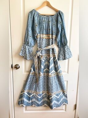 D’Ascoli Off Shoulder Dress Tie Waist L Coastal European Grecian 70s Mamma Mia